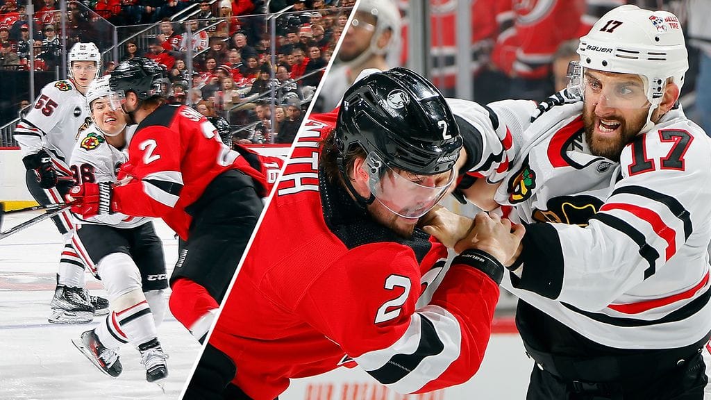 Brendan Smith (2) taklasi Connor Bedardia kasvoihin ja tappeli Nick Folignon (17) kanssa.