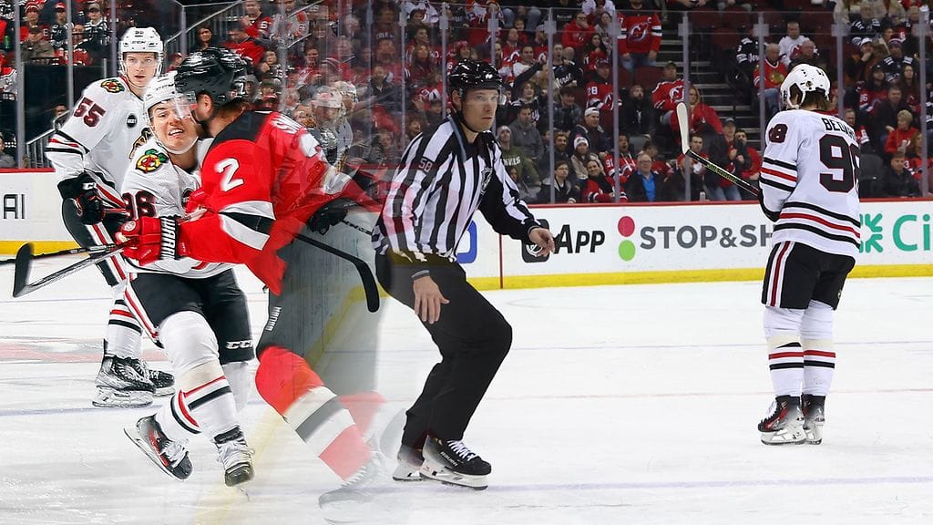 Connor Bedardin leuka murtui, kun New Jerseyn Brendan Smithin taklaus osui häntä kasvoihin.