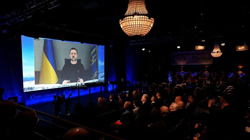 Ukrainan presidentti Volodymyr Zelenskyi puhui tänään etänä Sälenin turvallisuuskonferenssissa.