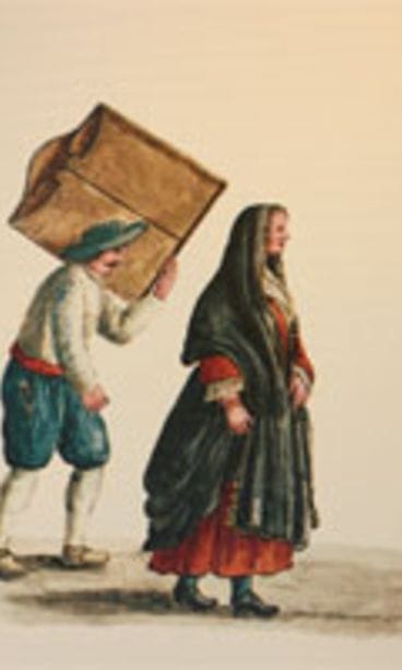 Akvarelli Giovanni de Grevembrochin teoksesta Gli abiti de Veneziani di quasi ogni età con diligenza raccolti e dipinti nel secolo XVIII (1981).