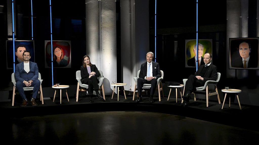 LK 23.1.2024 Presidenttiehdokkaat Mika Aaltola (sit.), Li Andersson (vas.), Pekka Haavisto (vihreiden tukema) ja Jussi Halla-aho (ps.) Helsingin Sanomien ja Nelosen presidentinvaalitentissä Helsingissä.
