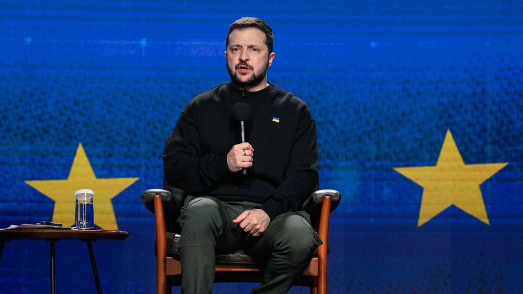 Ukrainan presidentti Volodomyr Zelenskyi puhuu Münchenin turvallisuuskonferensissa.