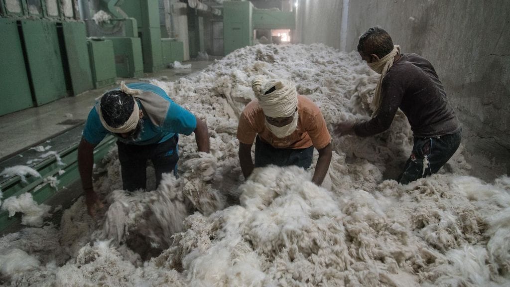 Työntekijöitä prosessoimassa lankoja tekstiilitehtaalla Dhakassa, Bangladeshissa, marraskuussa 2023. Bangladesh on yksi maailman isoimmista tekstiilintuottajista, mutta työoloissa on usein raportoitu puutteita.