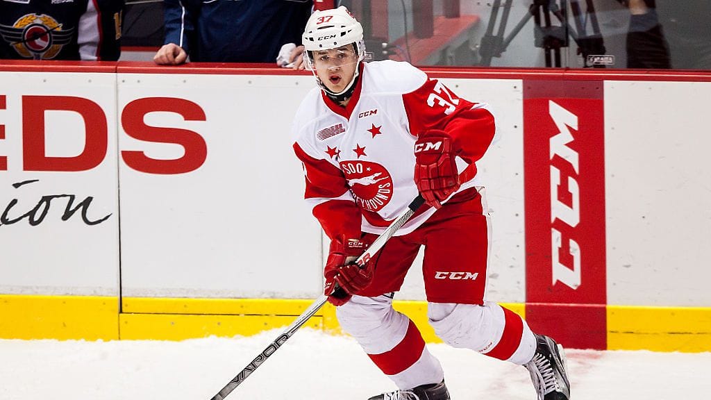 Gustav Bouramman on pelannut myös Pohjois-Amerikassa. Kuva vuodelta 2016, kun puolustaja pelasi OHL-liigassa.