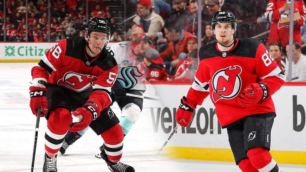 Erik Haula (vas.) ja Santeri Hatakka (oik.) ovat pelanneet vahvasti New Jerseyn paidassa