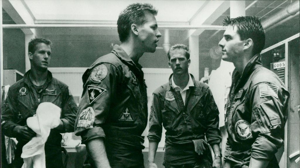Vasemmalta oikealle: Barry Tubb, Val Kilmer, Anthony Edwards ja Tom Cruise vuoden 1986 Top Gun -elokuvassa.