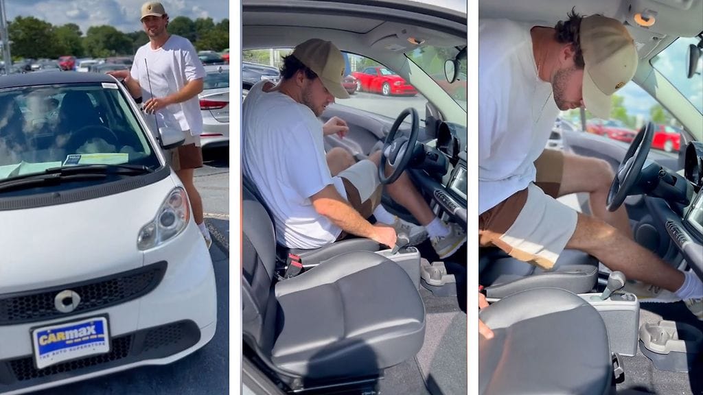 Näin kävi, kun 205-senttinen mies yritti istua kääpiöautoon