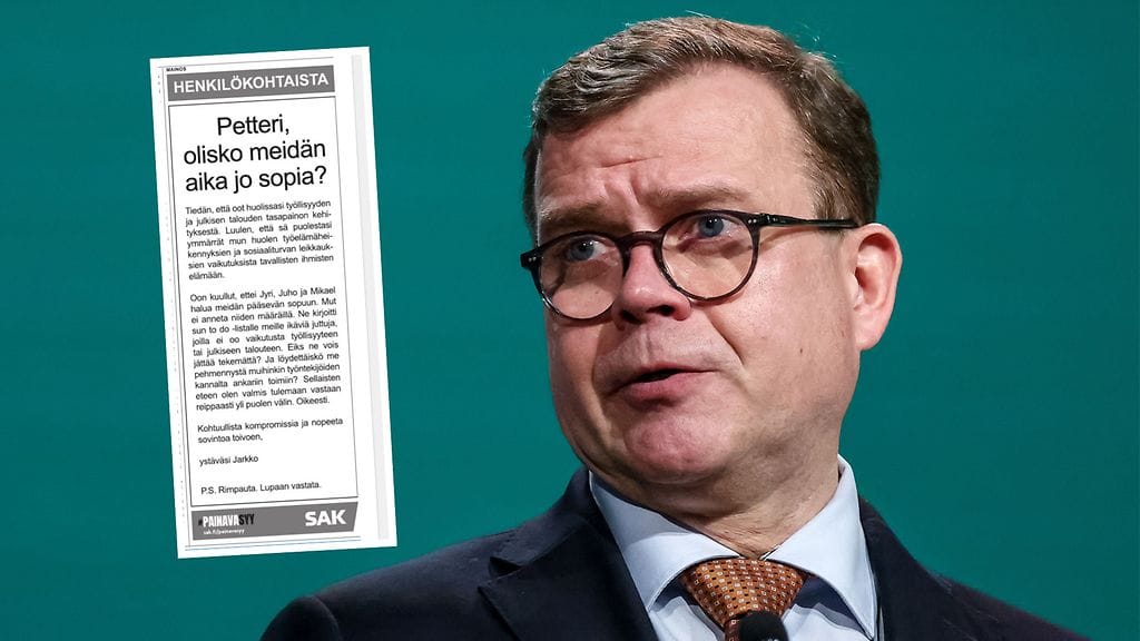 SAK lähestyy pääministeri petteri Orpoa Turun Sanomien henkilökohtaista-palstalla