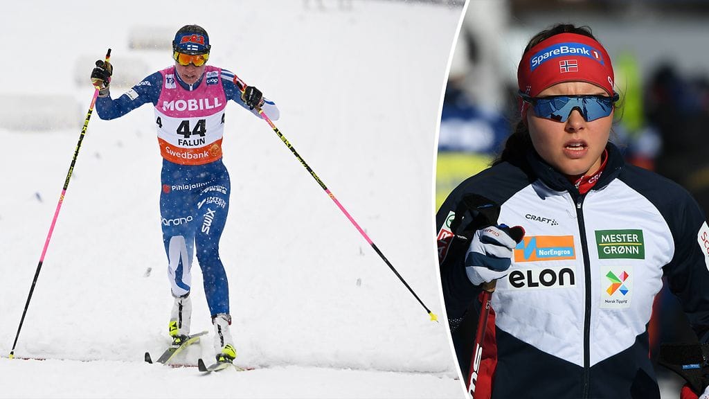 Kerttu Niskasen (vas.) pitopohjasuksia kadehditaan. Norjalainen Silje Theodorsen (oik.) heitti niistä huumoria.