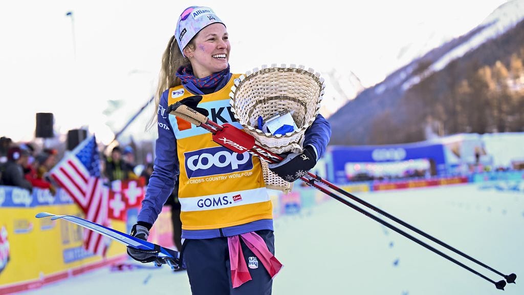 Jessie Diggins hiihti loistokauden. Kuva Gomsista tammikuulta.