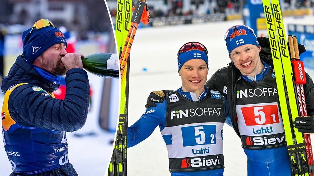 Perttu Hyvärinen (vas.), Lauri Vuorinen ja Iivo Niskanen juhlivat palkintoja maailmancupissa kaudella 2023-2024.