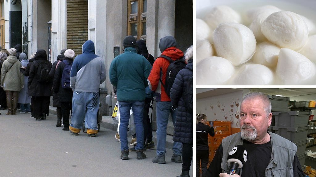 Viranomaiset ihmettelivät muun muassa parasta ennen -päiväyksen ohittaneiden mozzarellojen säilytystä. Vasemmalla kuvaa ruokajonosta, oikeassa alakulmassa Heikki Hursti.