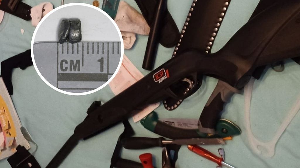 Kuva ilmakivääristä ja uhrin kehon sisältä löytyneestä luodista.