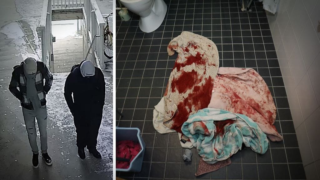Miesten poistuminen rikospaikalta tallentui valvontakameraan. Rikospaikalla veriset pyyhkeet kertoivat osaltaan tapahtuneesta.