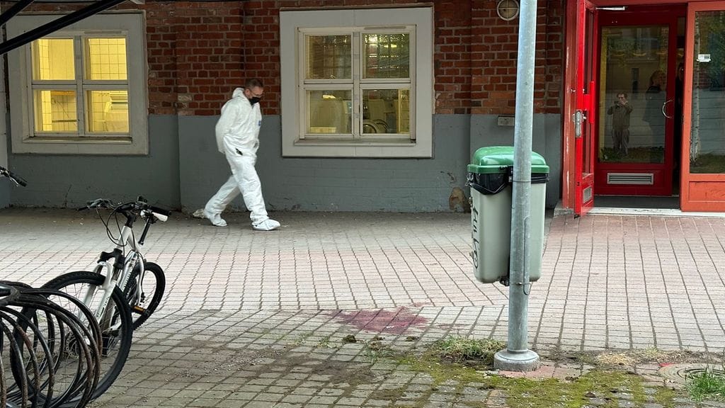 Kuva Meri-Toppilasta Oulusta. Maassa näkyy verijälki. MTV Uutisten avustajaa pyydettiin poistumaan kuvassa näkyvän pyykkituvan läheisyydestä.