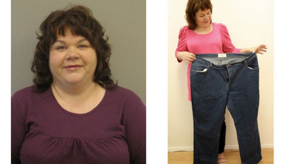 Vasemmalla Sari keväällä 2010 ja oikealla 16 vaatekokoa pienempänä.