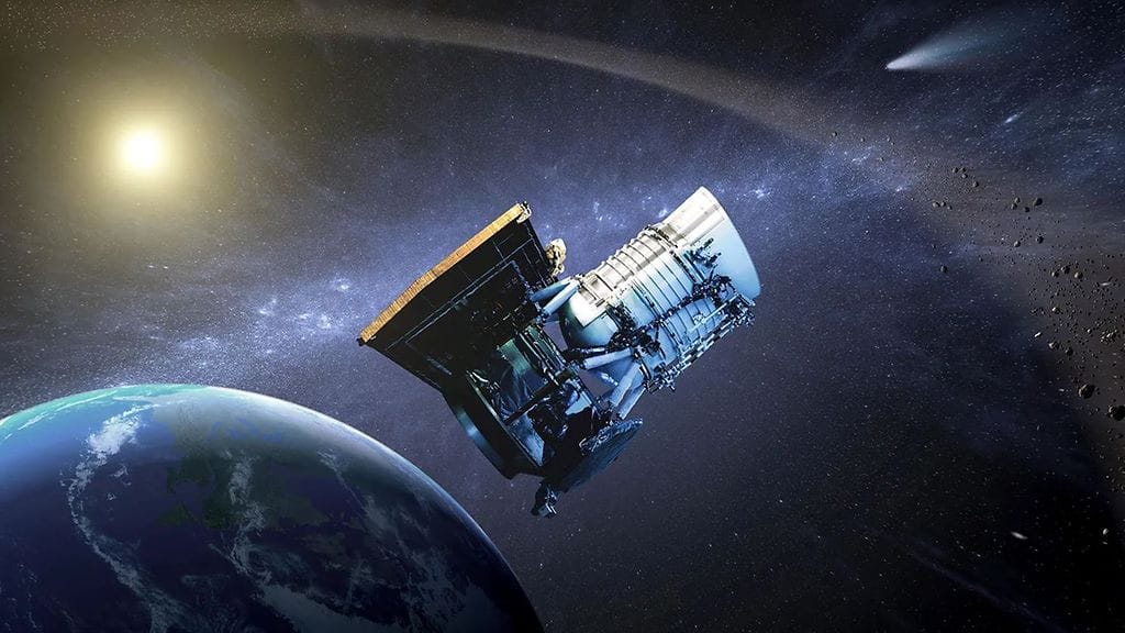Taiteilijan näkemys NEOWISE-satelliitista kiertoradalla.