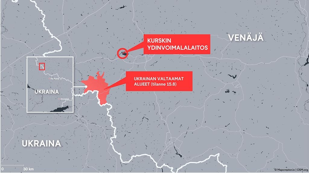 Kurskin ydinvoimala sijaitsee noin 60 kilometrin päässä Ukrainan rajasta.