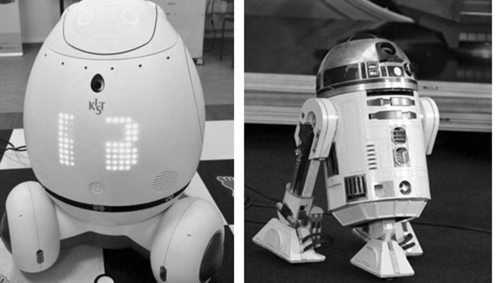 Kuin kaksi marjaa: Silbot virikerobotti ja  R2D2 Tähtien Sota -elokuvista.Vain Silbot on oikea robotti.