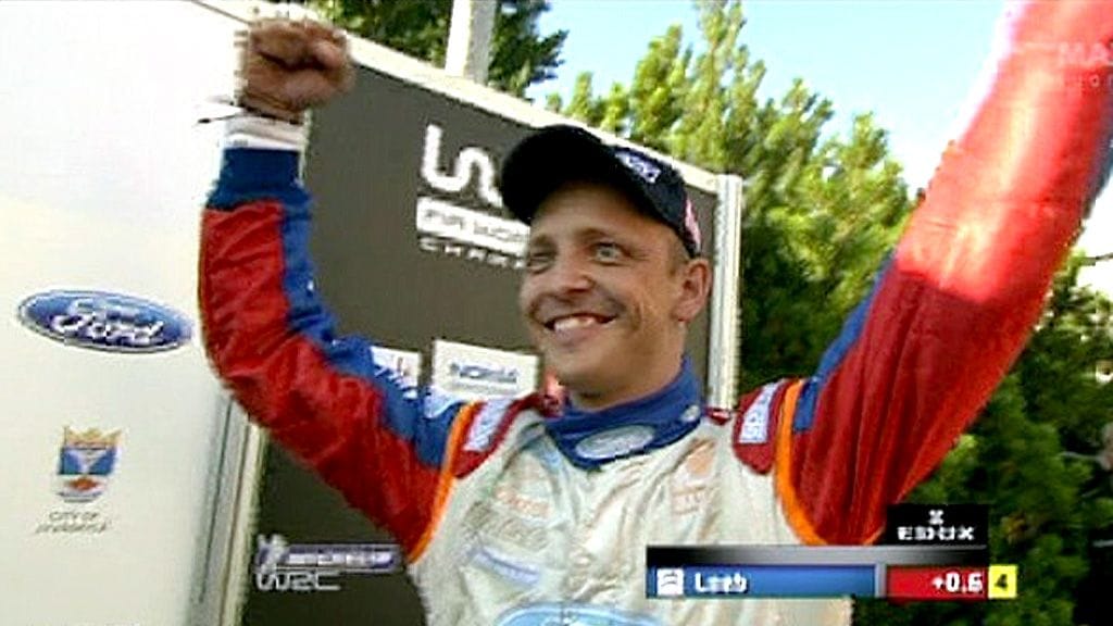 Mikko Hirvonen tuuletti Power Stagen voittoa.