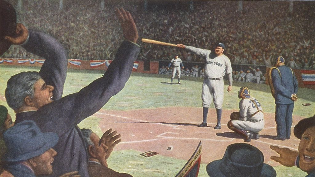Taiteilijan luomus Babe Ruthista osoittamassa tulevaa kunnaria vuoden 1932 finaalisarjan 3. ottelussa.