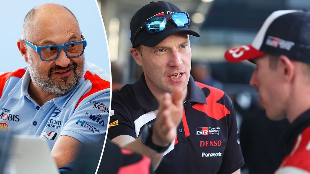 Christian Loriaux (vas.) ampuu kovilla Jari-Matti Latvalan (oik.) johtaman Toyotan rallitallin suuntaan.