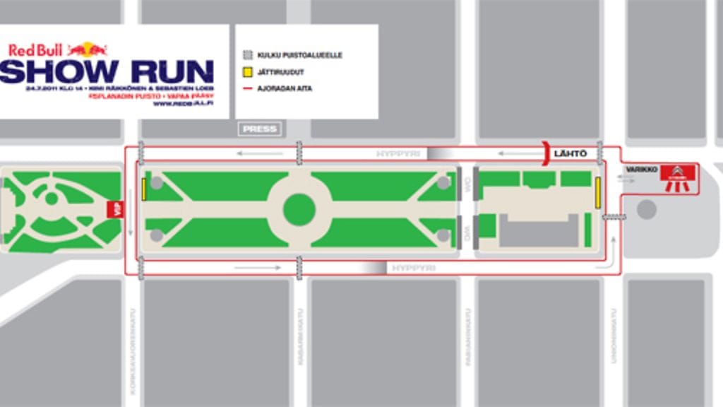 Kartta Räikkösen ja Loebin näytösajon reitistä Esplanadilla.
