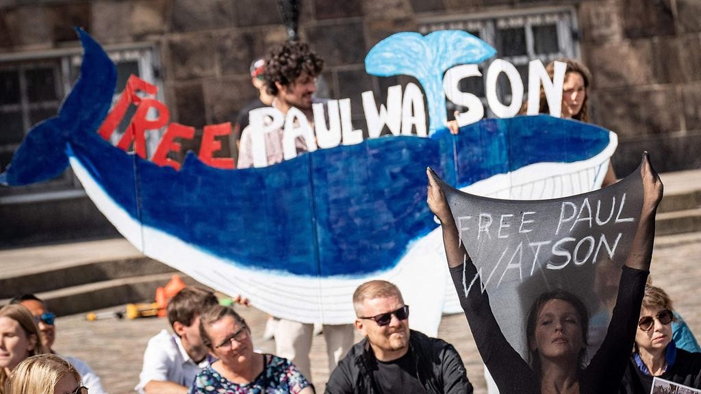 Sea Shepherd -ryhmän kannattajat osoittivat mieltään pidätetyn ympäristöaktivisti Paul Watsonin vapauttamisen puolesta Christiansborg Slotspladsissa Kööpenhaminassa Tanskassa 12. elokuuta.