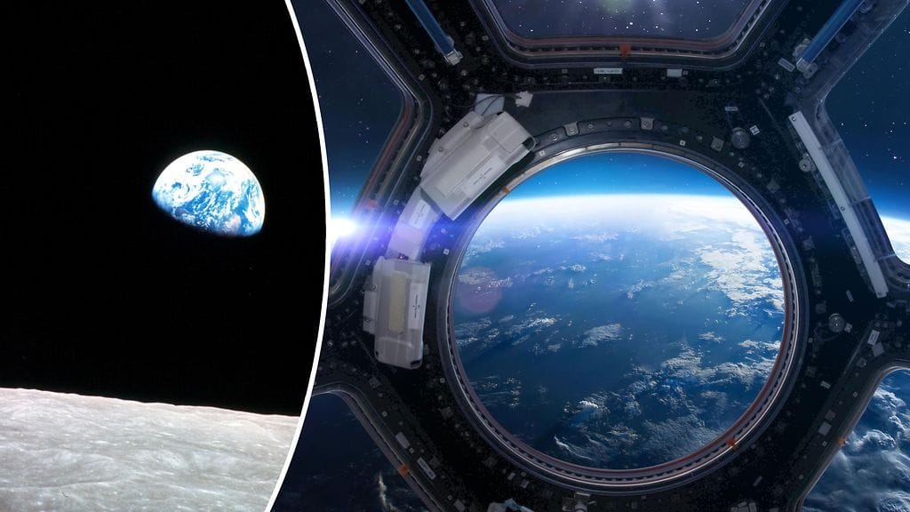 Vasemmalla Apollo 8 -aluksesta 1968 otettu, Earthrise-nimellä tunnettu kuva.