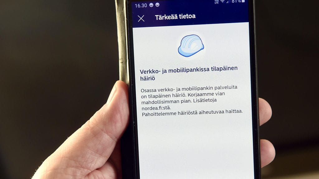 Nordean digipalveluja jo jonkin aikaa kiusanneet palvelunestohyökkäykset ovat jatkuneet. Kuvassa virheilmoitus matkapuhelimen ruudulla Nordean mobiilipankin sivuilla maanantaina 8. maaliskuuta 2021.
