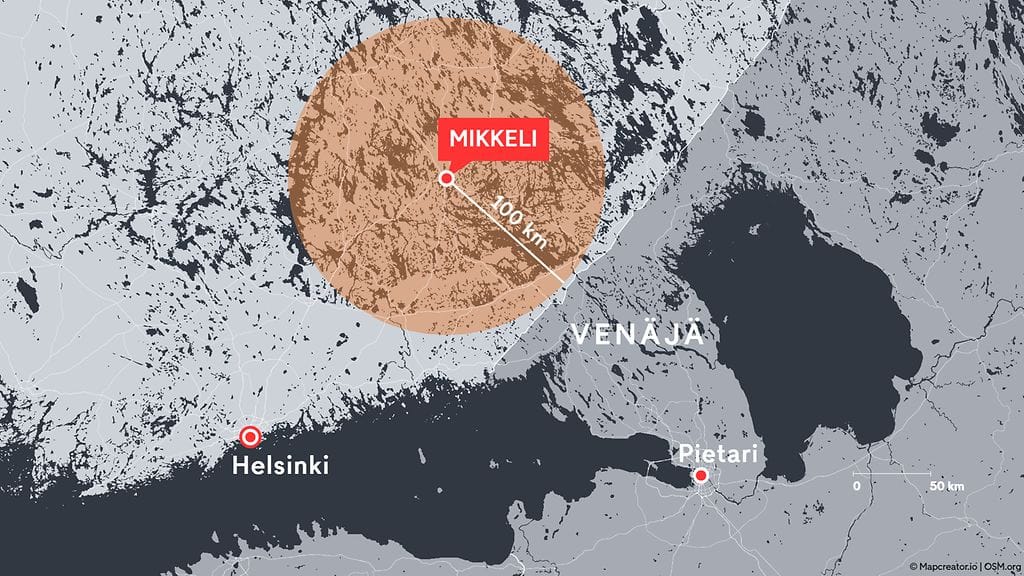 Mikkelistä on matkaa Venäjän rajalle maantietä myöten 140 kilometriä. Linnuntietä matkaa on vain noin 100 kilometriä.