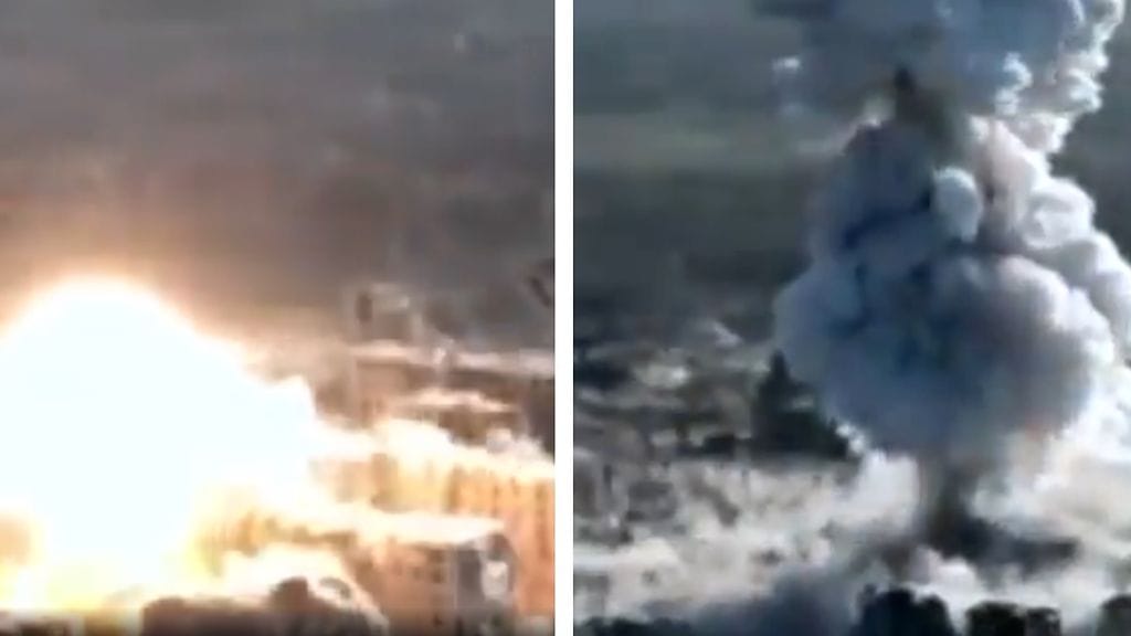 Kuvakaappauksia videolta, jossa näkyy suuri räjähdys Ukrainan Vovtshanskin kaupungissa. Räjähdyksen väitetään johtuneen OBAD-9000-pommista. Ukraina on kiistänyt väitteen.