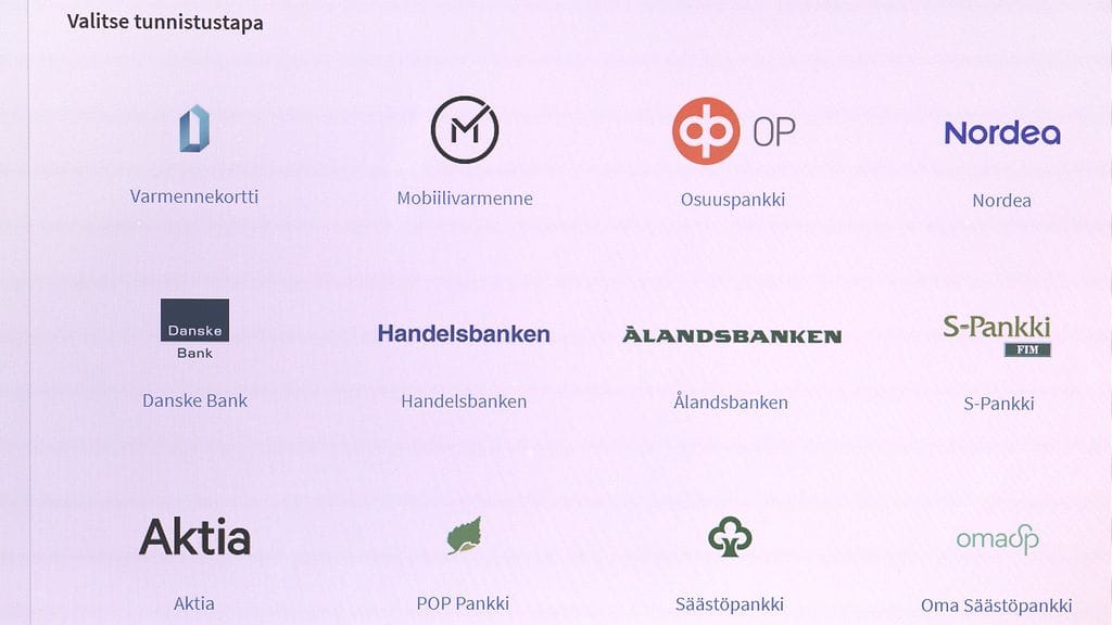 Tunnistautumissivu, jossa useita pankkien tunnistautumispalveluita sekä mobiili- ja kansalaisvarmenne.
