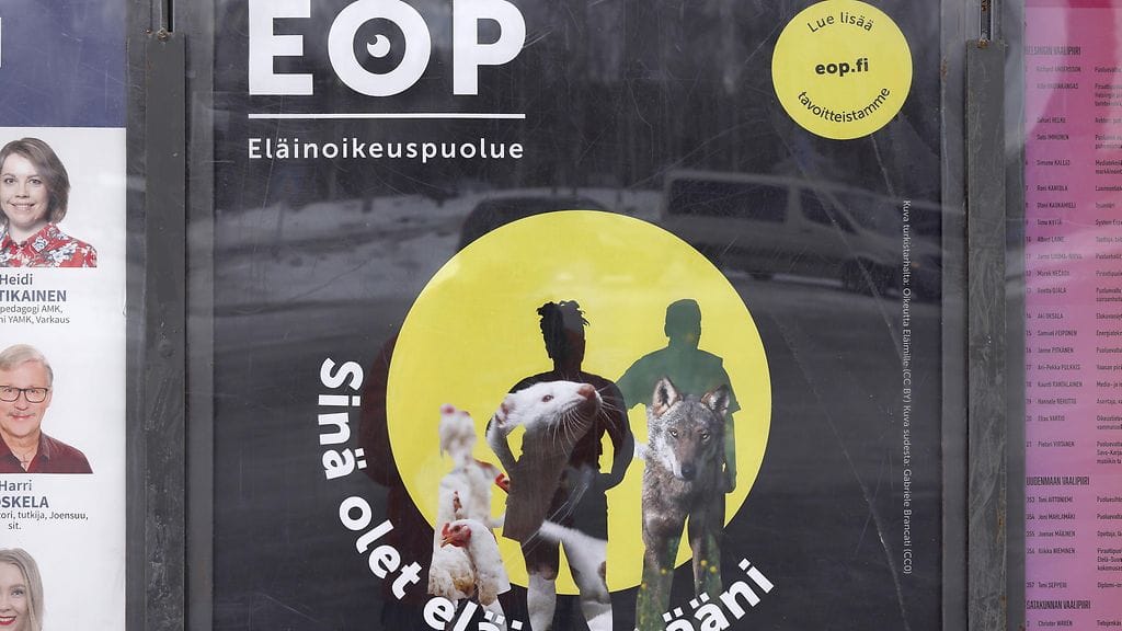 Vaalimainoksia Joensuun Heinävaara eduskuntavaalit 2023. Kuvassa Eläinoikeuspuolueen juliste.