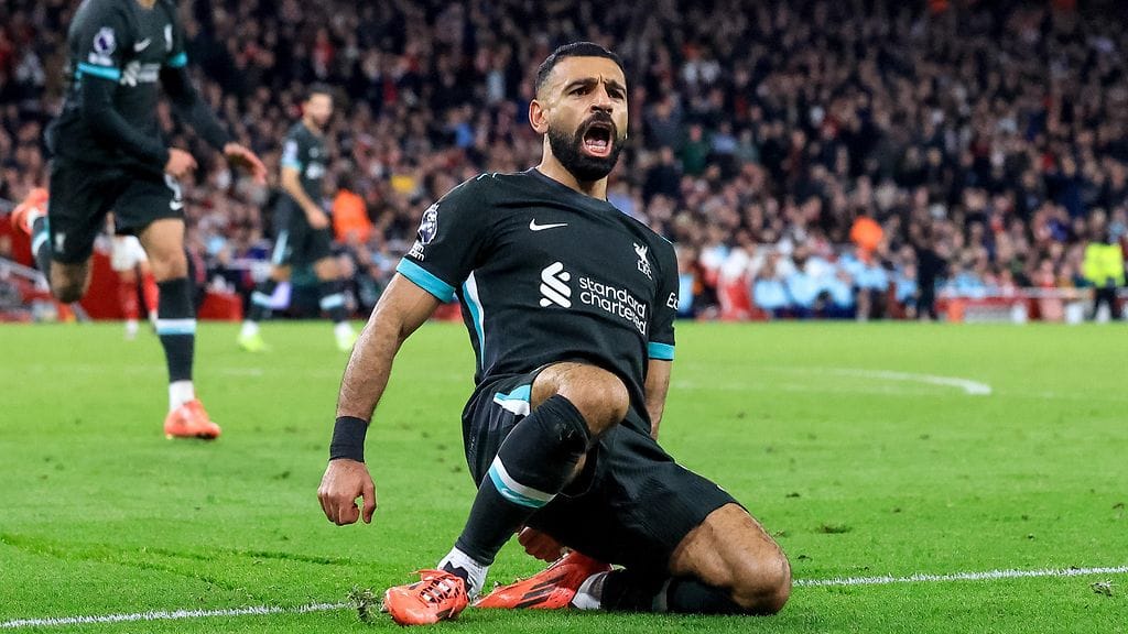 Mohamed Salah juhli maalaamaansa Liverpoolin 2–2-tasoitusta Arsenalia vastaan.