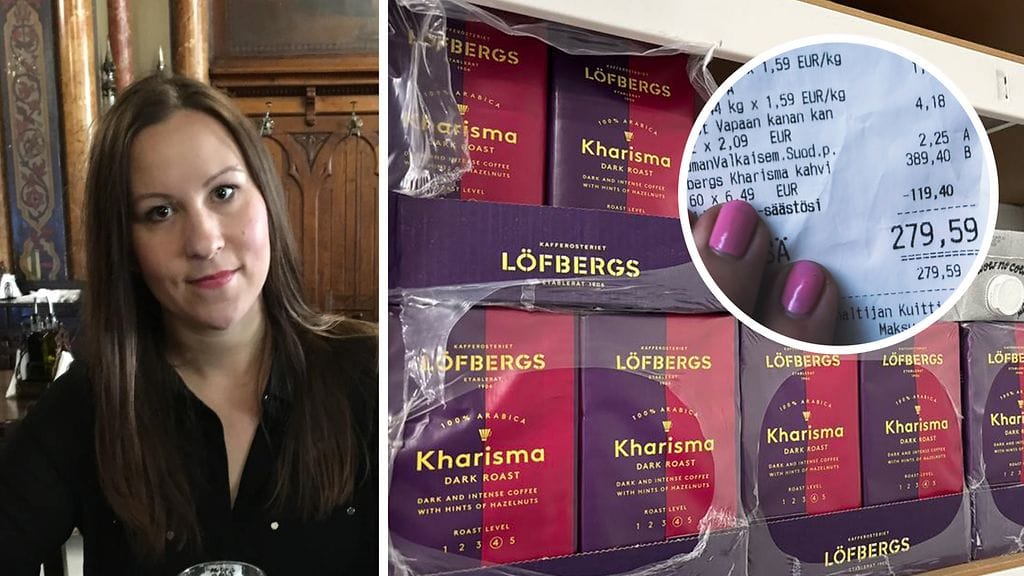 Vantaalainen Pauliina Lappeteläinen osti kahvia lähes 400 euron edestä. Kuvassa kahvipaketit autotallin hyllyllä, kassakuitti ja Pauliina lempipuuhassaan, eli juomassa kahvia.