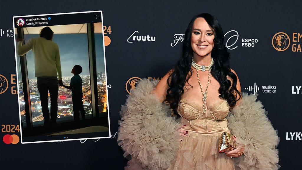 Ellen Jokikunnaksen Instagramissa julkaisemassa kuvassa Ellenin puoliso ja poika Ralph James katselevat suurkaupunkia ikkunasta toisiaan käsistä pidelleen.