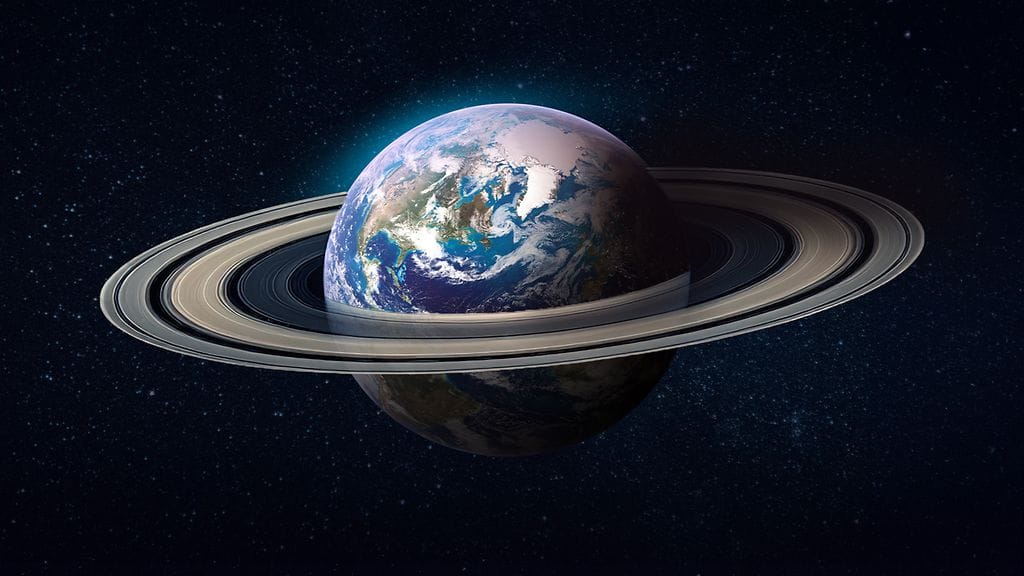 Maapalloa mahdollisesti kiertänyt rengas on saattanut näkyä myös maan päälle. Tämä kuva maapallosta on graafikon näkemys miljoonien vuosien takaisesta tilanteesta.