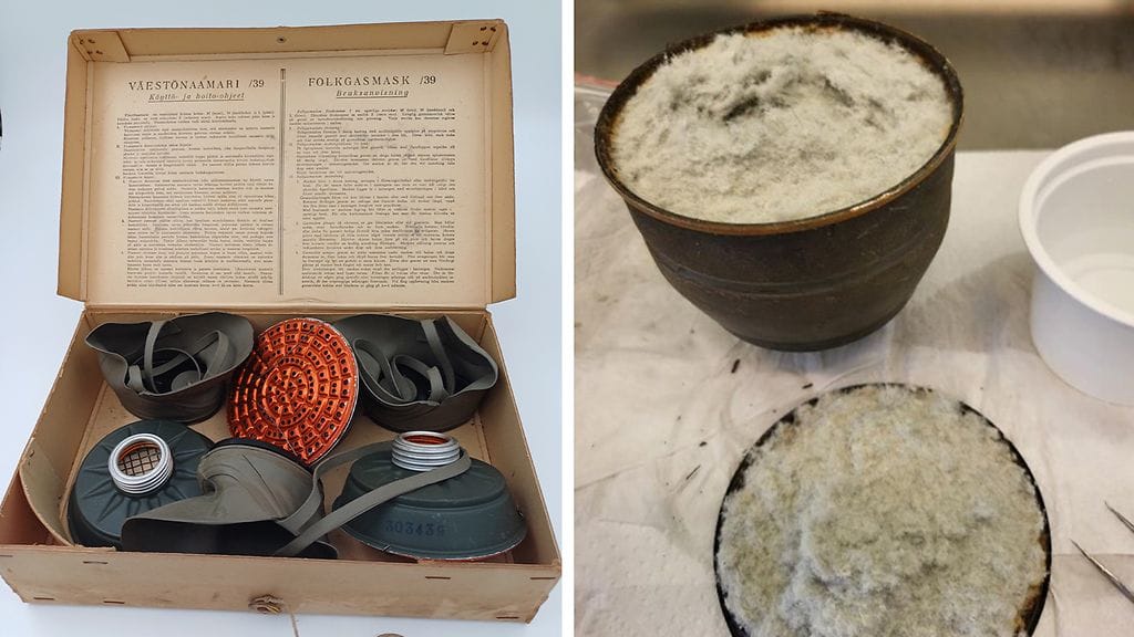 Kuvassa vasemmalla olevan väestönaamari m/39:n suodattimista löytyi asbestia. Oikeanpuoleisessa kuvassa on M/36-suodattimen kuitukangasta, josta löytyi asbestikuituja.