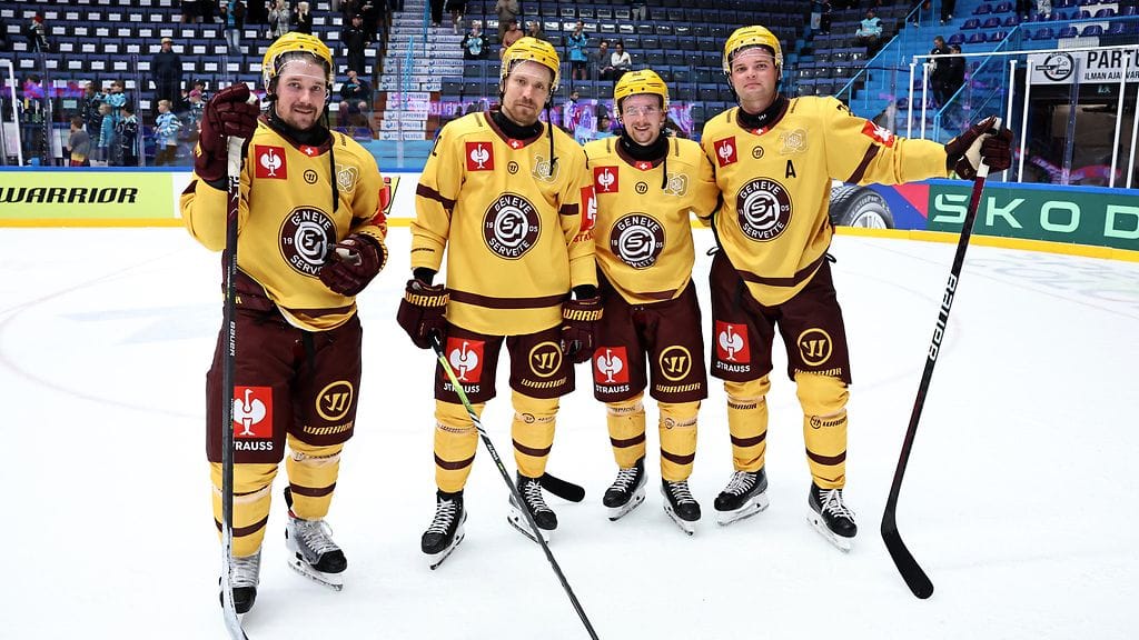 Sveitsiläisseura Geneven suomalaisosastoa (järjestyksessä vasemmalta): Sami Vatanen, Markus Granlund, Sakari Manninen ja Teemu Hartikainen.