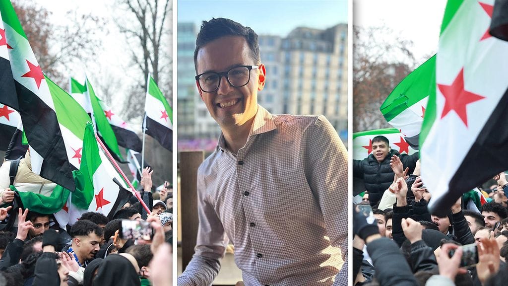 Dani Juris (kuvassa keskellä) asuu ja työskentelee Saksassa, jossa paikalliset Syyrian opposition kannattajat ovat juhlineet Damaskoksen valloitusta Berliinissä.