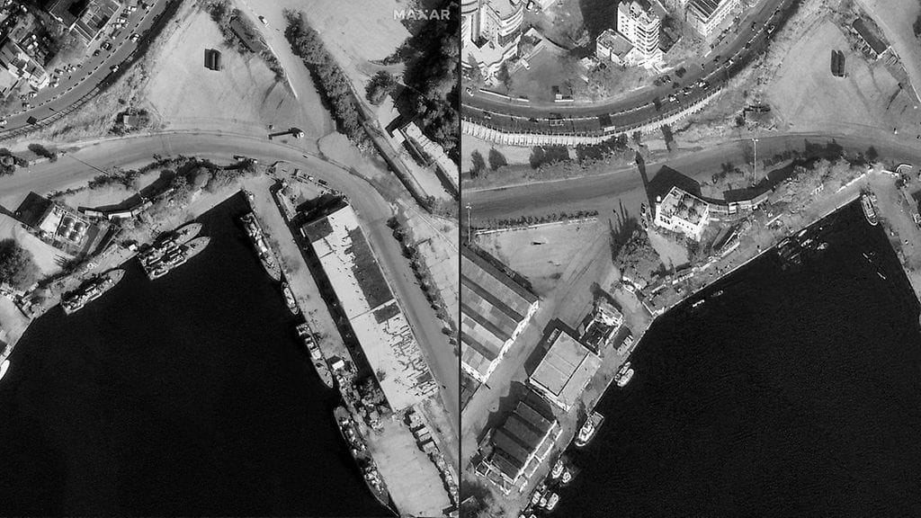 Maxar Technologiesin satelliittikuvat näyttävät Osa-luokan ohjusveneet kiinnitettynä Latakian satamaan 6. marraskuuta ja samat alukset sen jälkeen, kun ne oli tuhottu 10. joulukuuta.