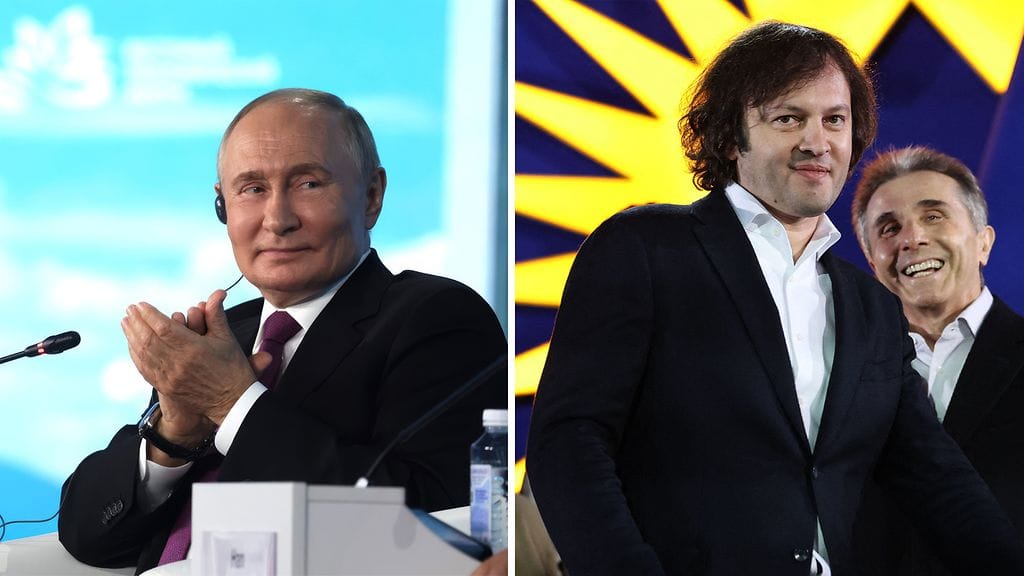 Kuvassa Venäjän presidentti Vladimir Putin ja georgialainen oligarkki ja hallitsevan Georgialainen unelma -puolueen perustaja Bidzina Ivanishvili ja pääministeri Irakli Kobakhidze.