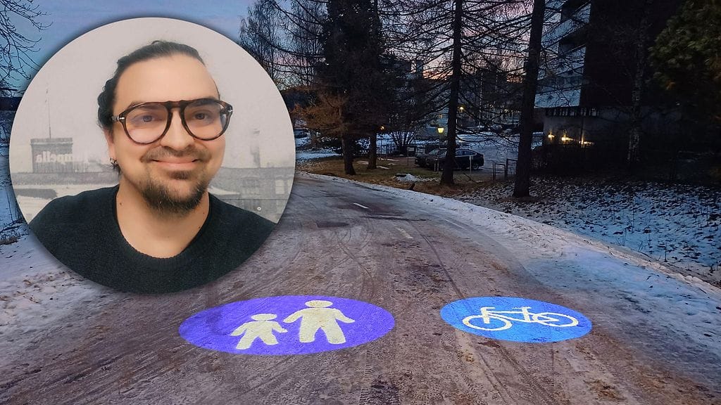 Maahan heijastuvat liikennemerkit Rovaniemellä. Pikkukuvassa Anssi.