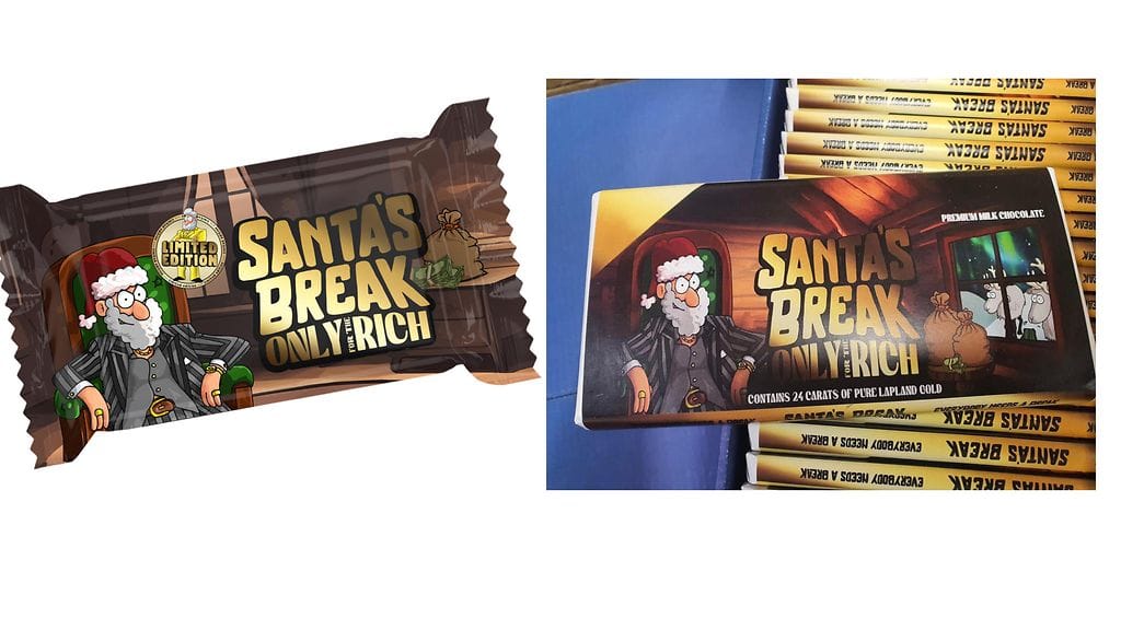Vasemmalla puolella aito Santa's Break -suklaalevy, oikealla väärennös. Väärennöksen tunnistaa erilaisesta pakkausmateriaalista ja huonosta painolaadusta.
