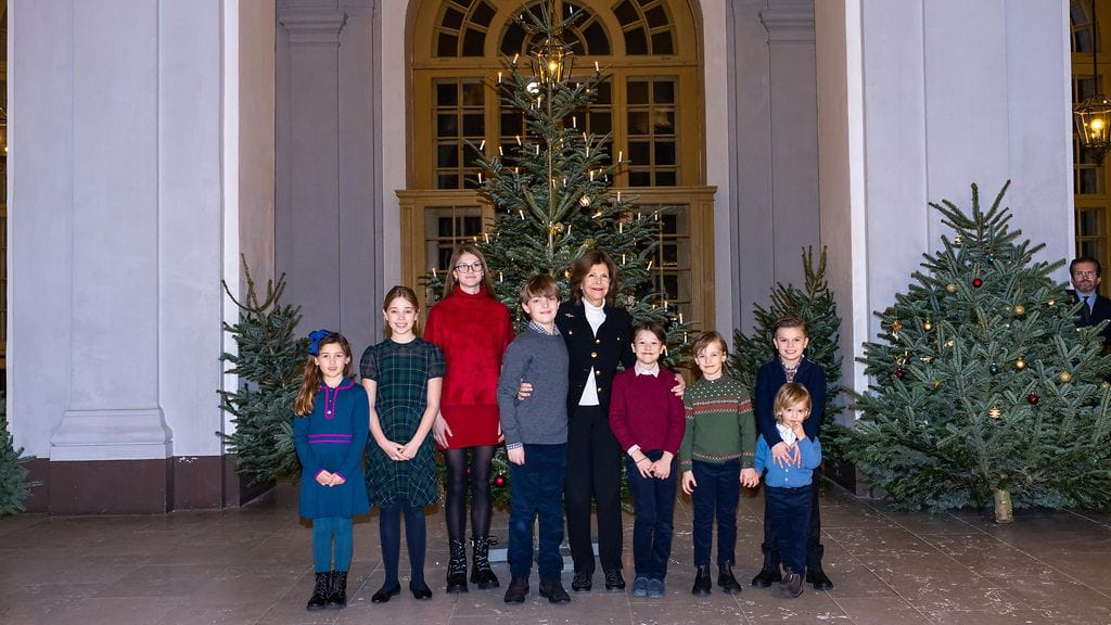 Kuningatar Silvia lastenlastensa kanssa. Vasemmalta oikealle: prinsessa Adrienne, prinsessa Leonore, prinsessa Estelle, prinssi Nicolas, prinssi Alexander, prinssi Gabriel, prinssi Oscar ja edessä prinssi Julian.