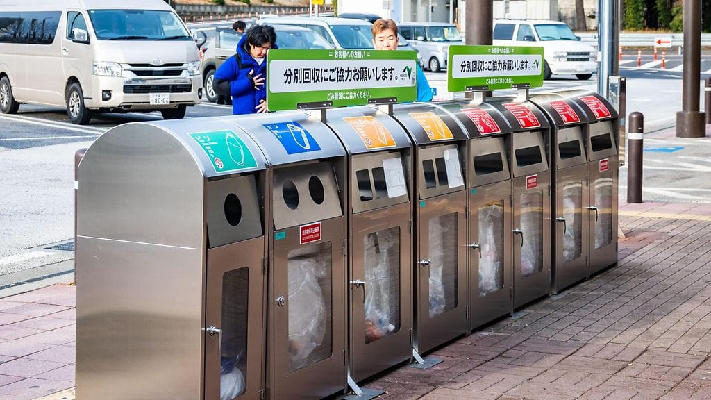 AOP Kierrätysastioita erilaisille esineille julkisilla paikoilla. Saitama, Japani.