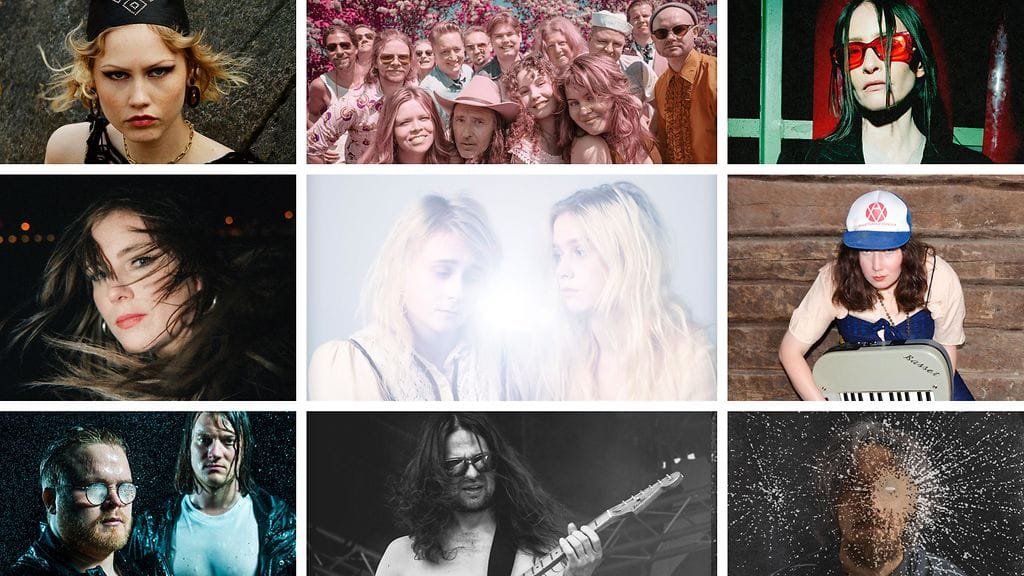 Hiljattain perustetun Lördag-levy-yhtiön levyttäviä artisteja (vasemmasta alakulmasta myötäpäivään ja keskelle): Ursus Factory, Yona, Vilma Jää, Saimaa, Malla, Litku Klemetti, Risto, Timo Kämäräinen ja Maustetytöt.