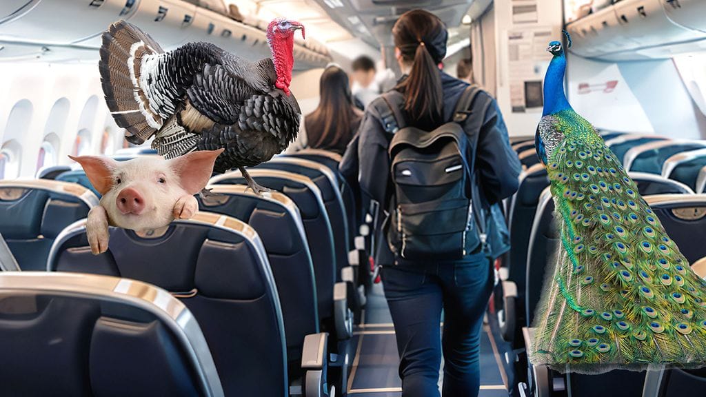 Esimerkkejä eläimistä, joita on nähty tukieläiminä kunnes tilanne alkoi olla liikaa muille matkustajille ja matkustamohenkilökunnalle.