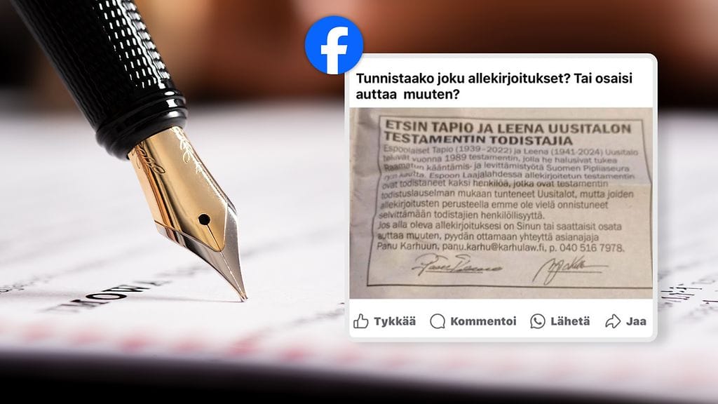 Länsiväylä-lehdessä julkaistiin ilmoitus, jossa etsittiin espoolaisen pariskunnan vuonna 1989 tehdyn testamentin todistajia.